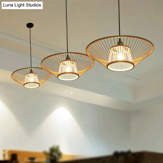 Bamboo Hand-Made Ceiling Lamp - Modern 1-Light Beige Pendant For Dining Room