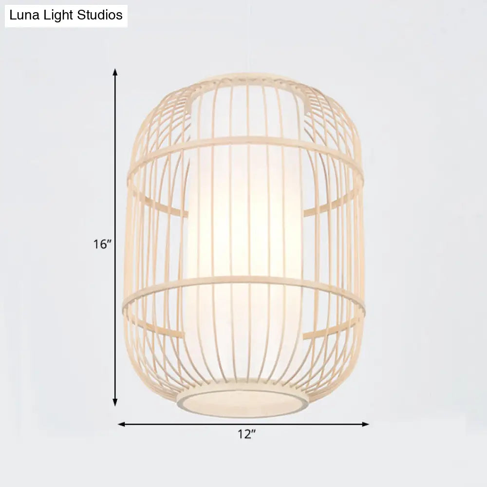 Bamboo Hanging Lamp With Asian-Inspired Cylinder Shade For Living Room Ceiling In Beige - 1 Head