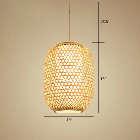 Bamboo Hanging Lantern For Restaurants - Asian Style Oval Design 1-Bulb Beige Ceiling Suspension