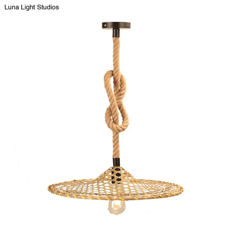 Bamboo Hat Pendant Ceiling Light With Countryside Beige Rope - Knots Design