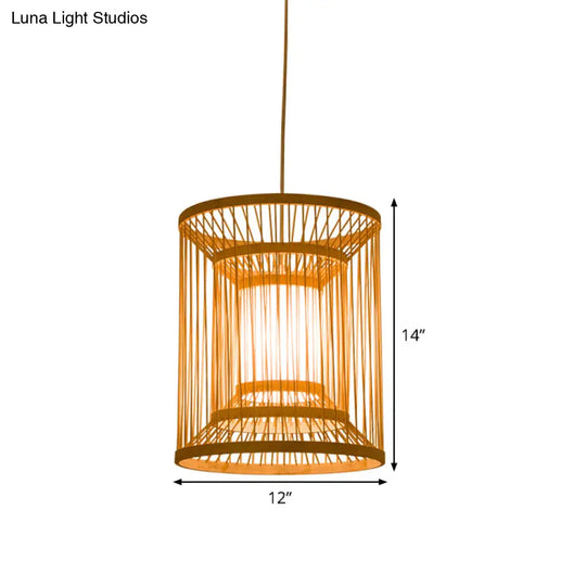 Bamboo Japanese Hanging Light - 1 Bulb Cylindrical Wood Pendant Fixture (12/16 Wide)