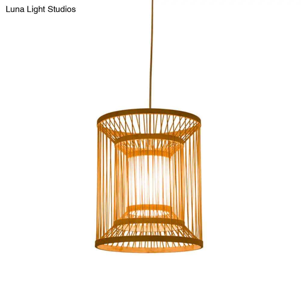 Bamboo Japanese Hanging Light - 1 Bulb Cylindrical Wood Pendant Fixture (12/16 Wide)