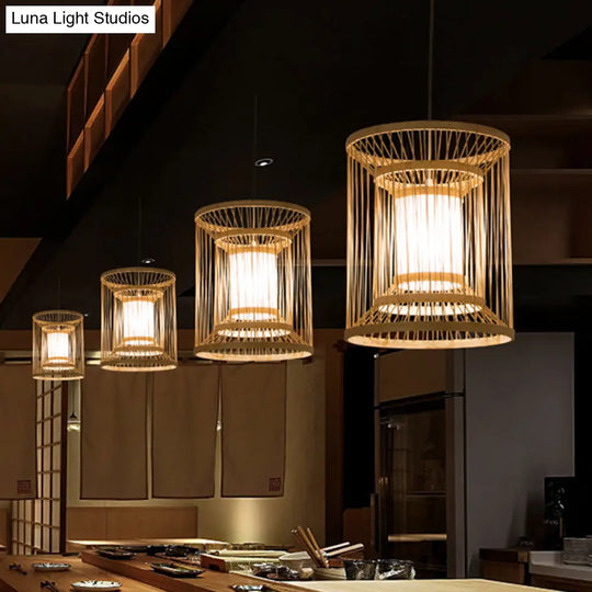 Bamboo Japanese Hanging Light - 1 Bulb Cylindrical Wood Pendant Fixture (12/16 Wide)