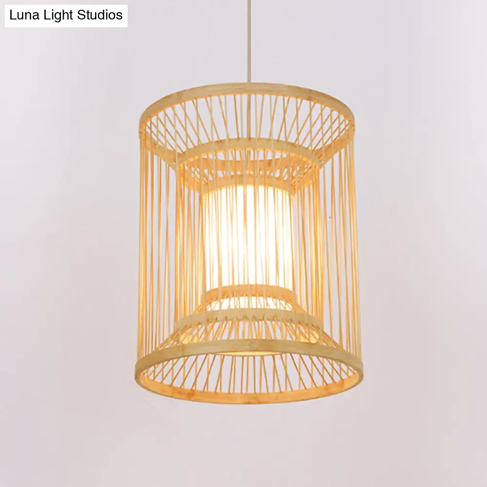 Bamboo Japanese Hanging Light - 1 Bulb Cylindrical Wood Pendant Fixture (12/16 Wide)