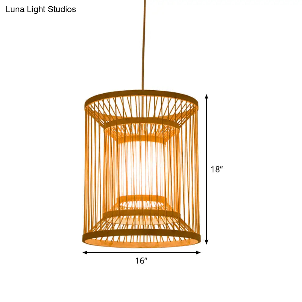Bamboo Japanese Hanging Light - 1 Bulb Cylindrical Wood Pendant Fixture (12/16 Wide)