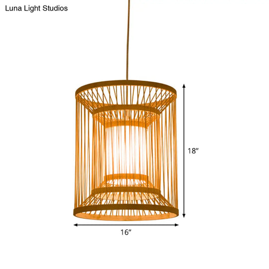 Bamboo Japanese Hanging Light - 1 Bulb Cylindrical Wood Pendant Fixture (12/16 Wide)