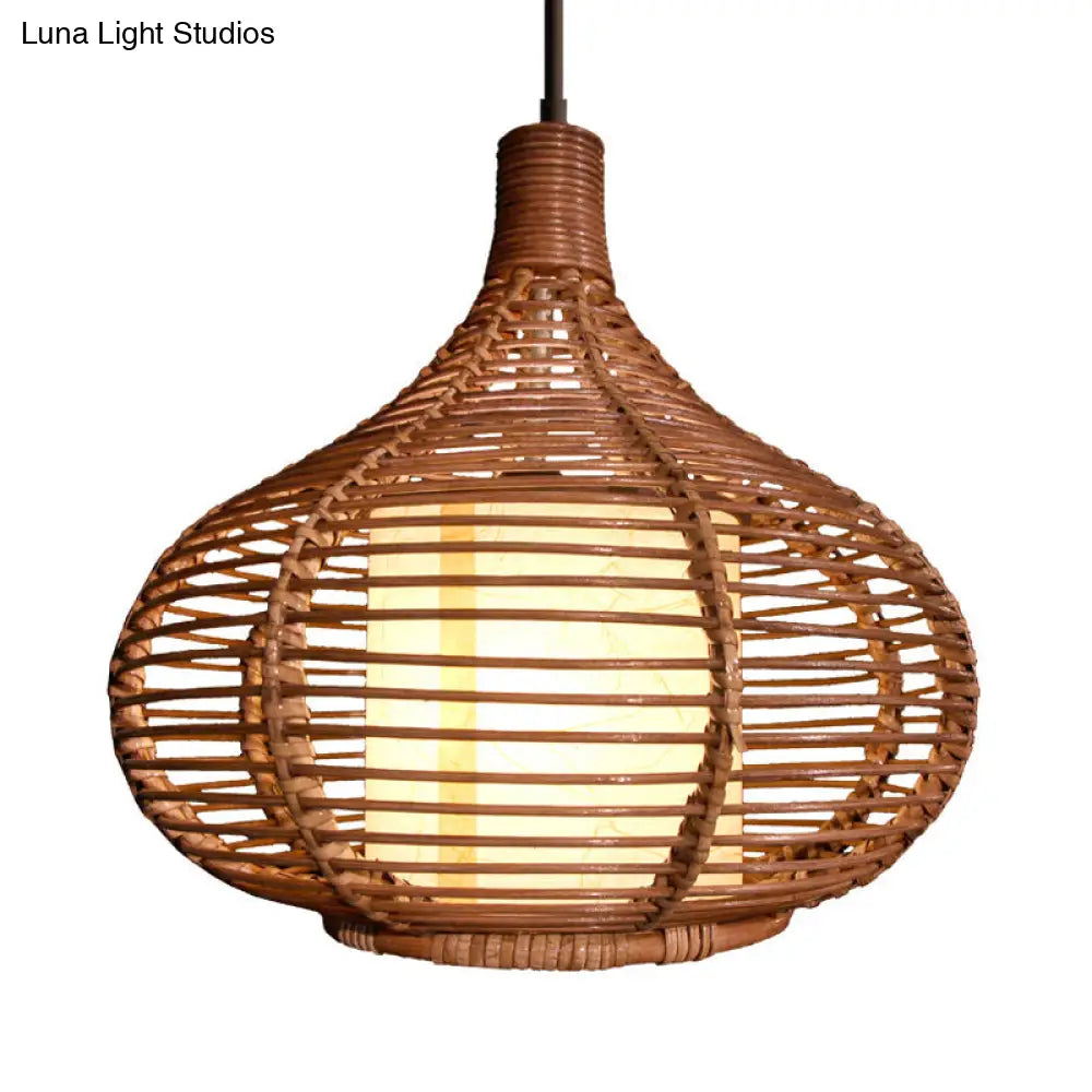 Bamboo Jar Pendant Light Kit With Inner Cylindrical Shade - Retro Style Brown 1 Bulb