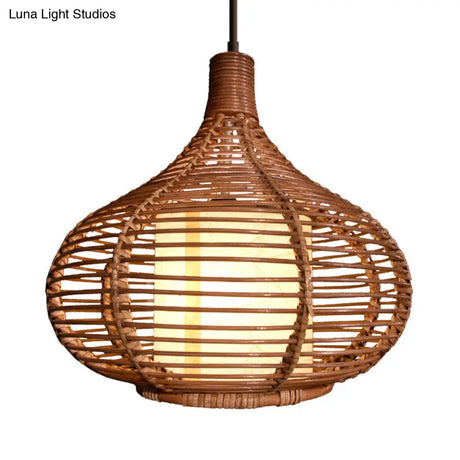 Bamboo Jar Pendant Light Kit With Inner Cylindrical Shade - Retro Style Brown 1 Bulb