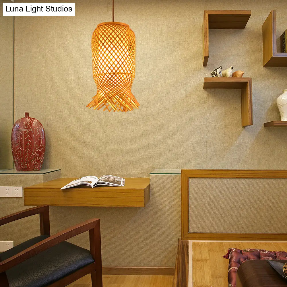 Bamboo Lantern Pendant Light For Restaurant In Beige