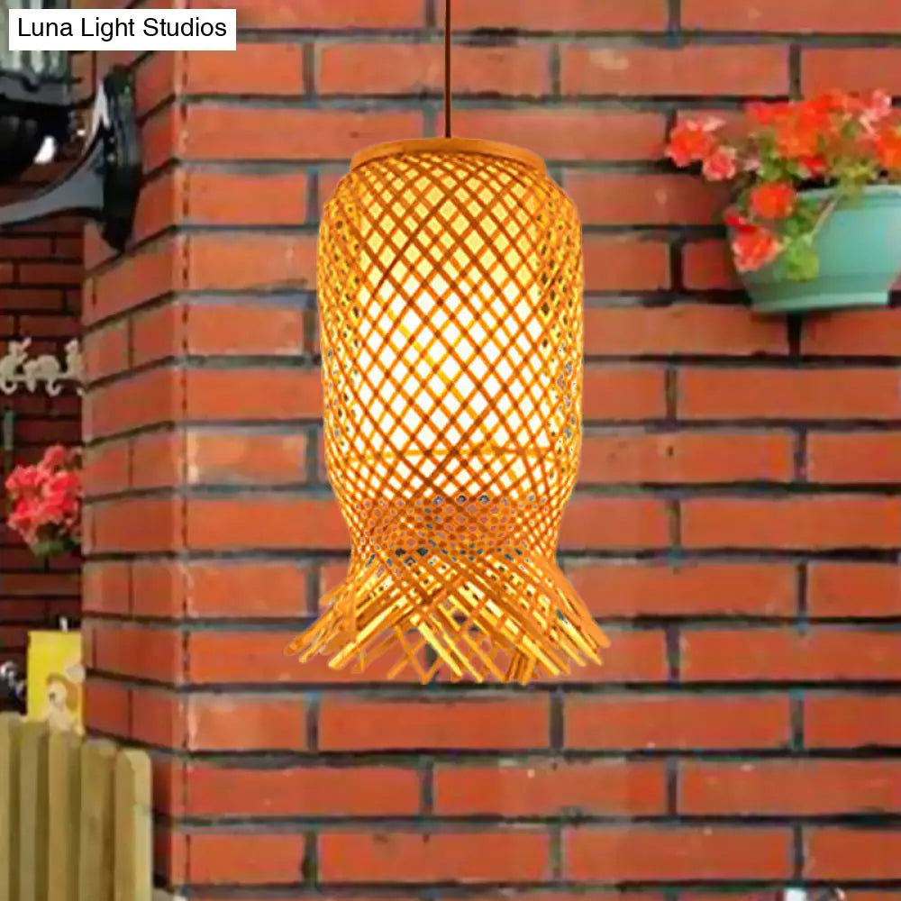 Bamboo Lantern Pendant Light For Restaurant In Beige