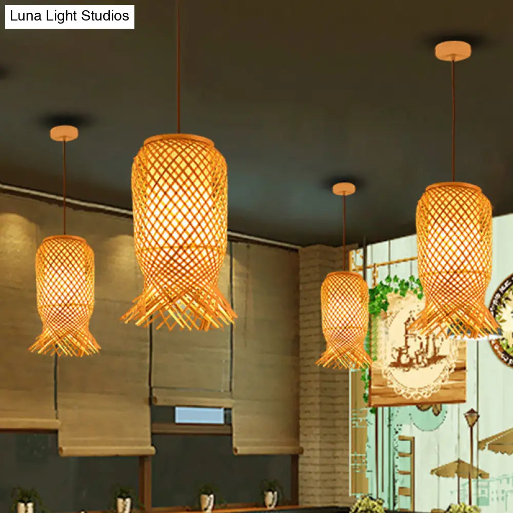 Bamboo Lantern Pendant Light For Restaurant In Beige