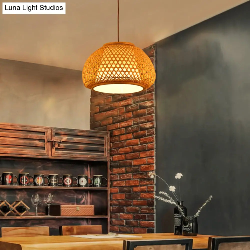 Bamboo Lantern Pendant Light With Hand-Knitted Design For Asian Restaurants - Paper Interior Shade