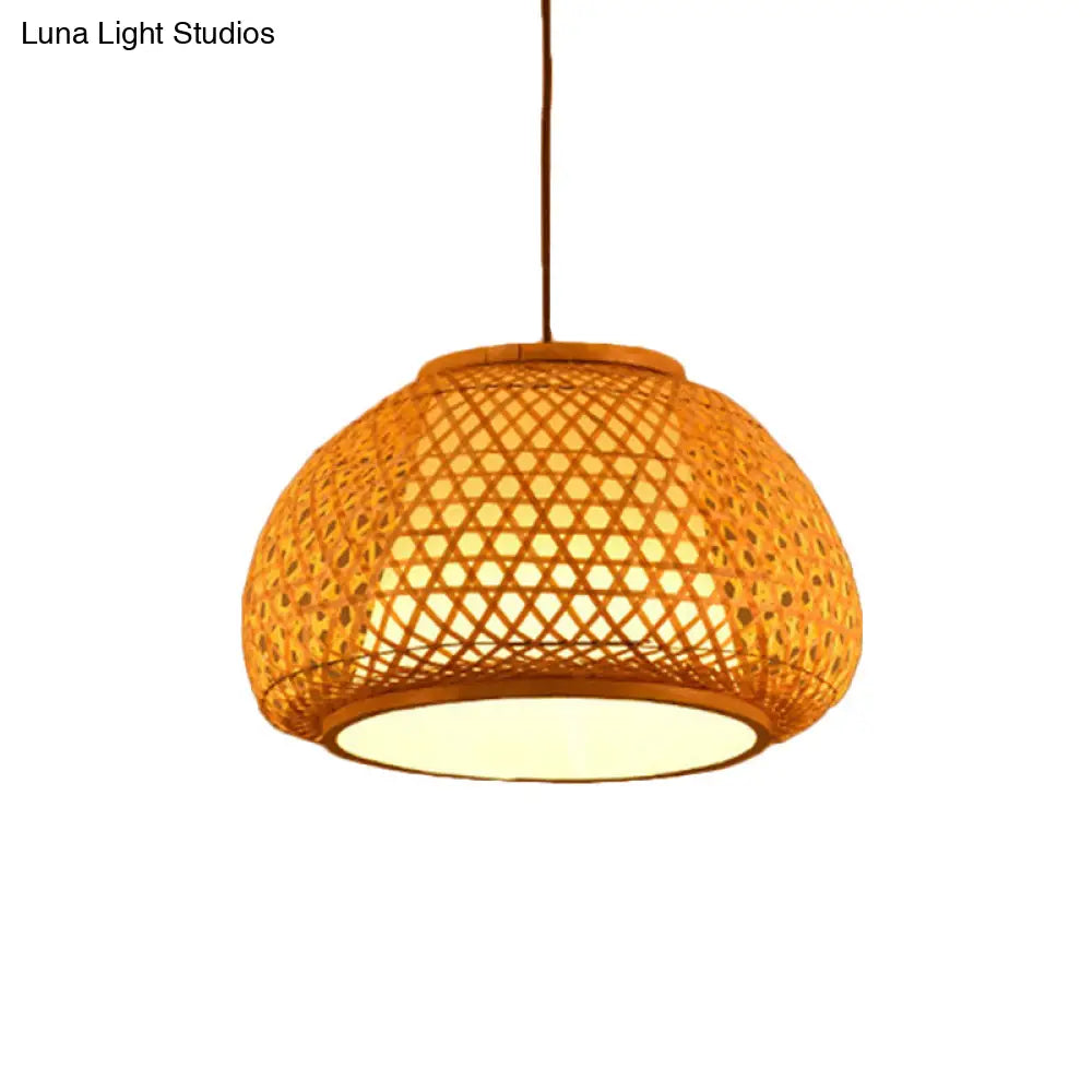 Bamboo Lantern Pendant Light With Hand-Knitted Design For Asian Restaurants - Paper Interior Shade