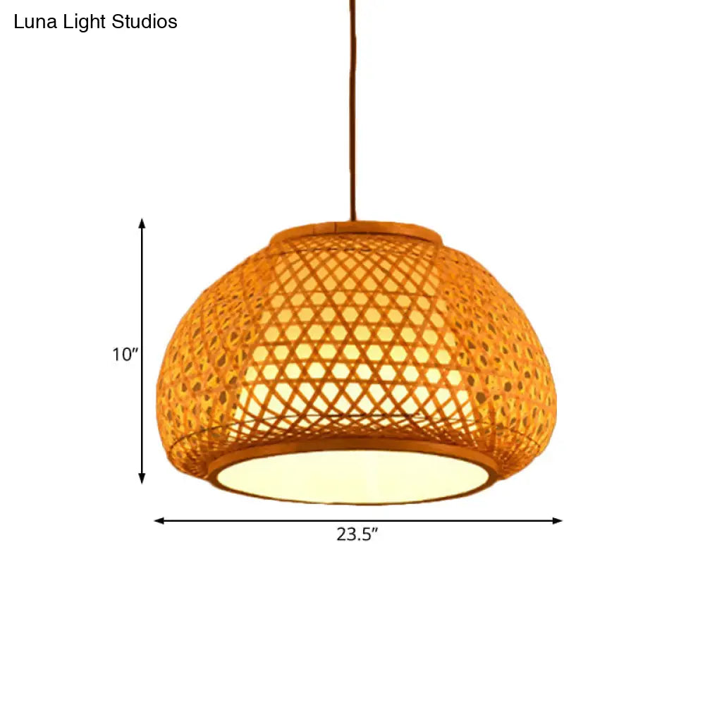 Bamboo Lantern Pendant Light With Hand-Knitted Design For Asian Restaurants - Paper Interior Shade