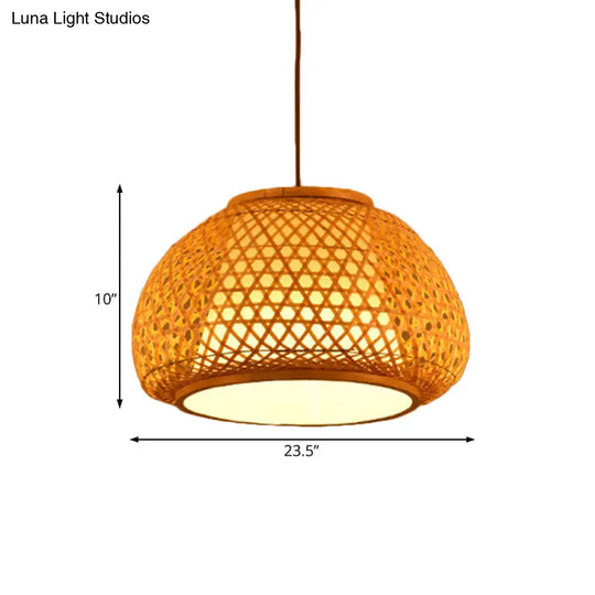 Bamboo Lantern Pendant Light With Hand-Knitted Design For Asian Restaurants - Paper Interior Shade