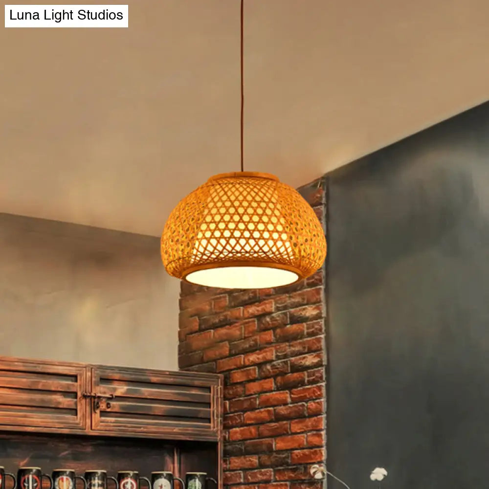Bamboo Lantern Pendant Light With Hand-Knitted Design For Asian Restaurants - Paper Interior Shade