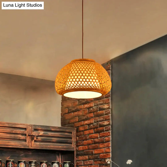 Bamboo Lantern Pendant Light With Hand-Knitted Design For Asian Restaurants - Paper Interior Shade