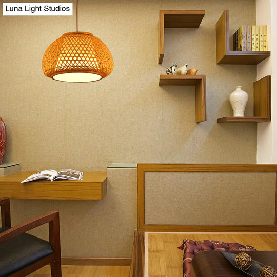 Bamboo Lantern Pendant Light With Hand-Knitted Design For Asian Restaurants - Paper Interior Shade