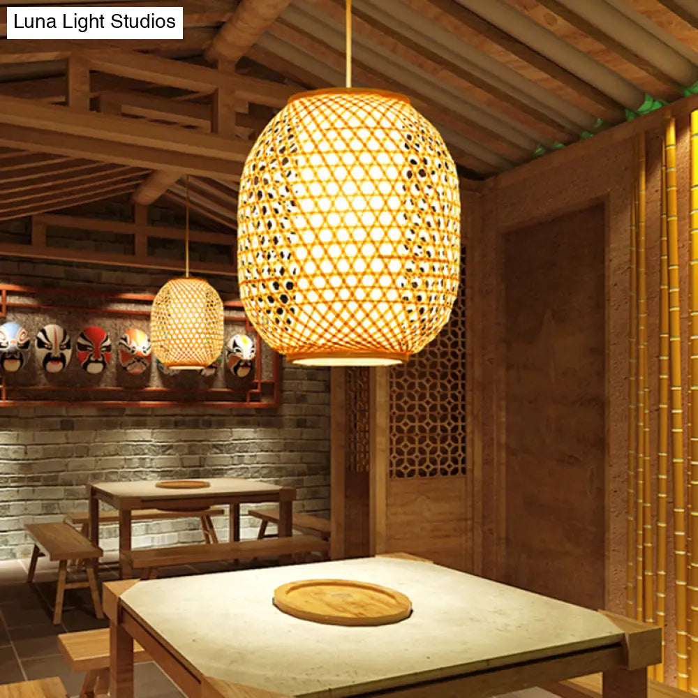 Bamboo Lantern Suspension Pendant: Retro Wood Hanging Light Kit With Fabric Shade