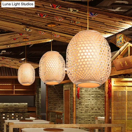 Bamboo Lantern Suspension Pendant: Retro Wood Hanging Light Kit With Fabric Shade