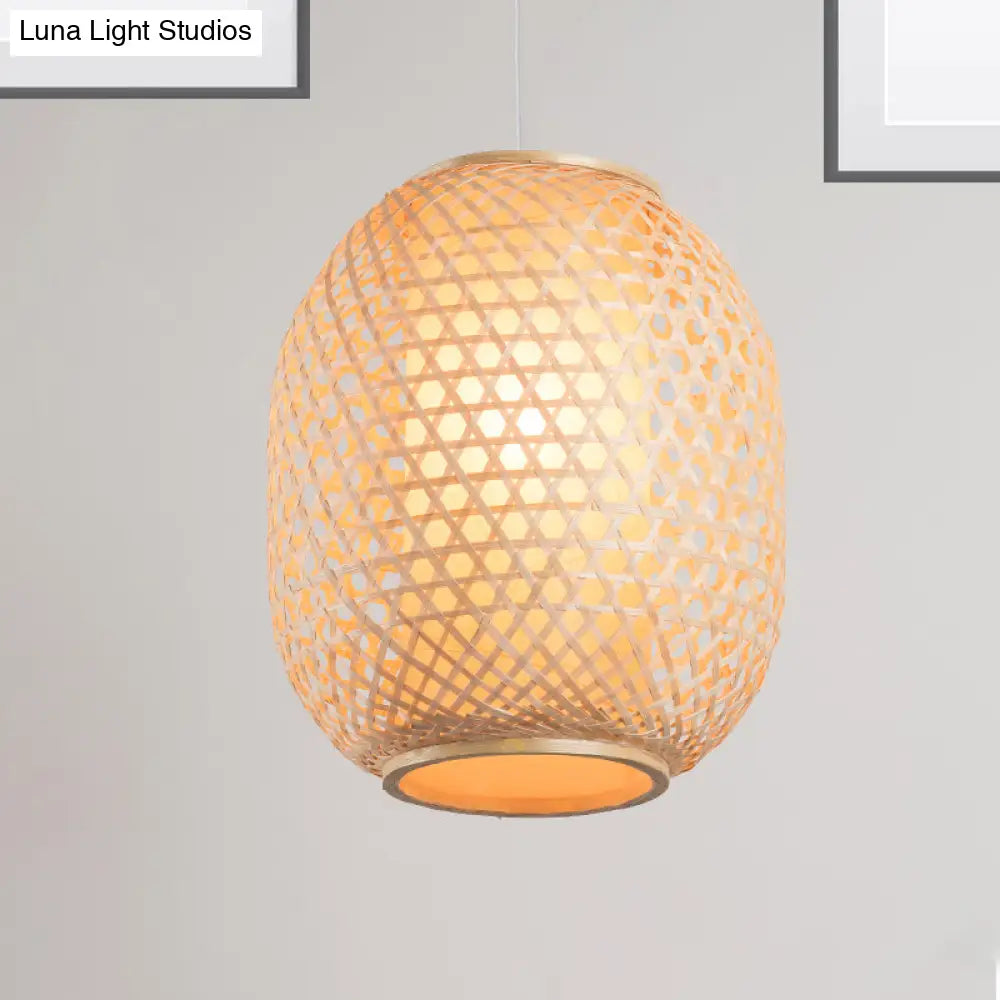 Bamboo Lantern Suspension Pendant: Retro Wood Hanging Light Kit With Fabric Shade