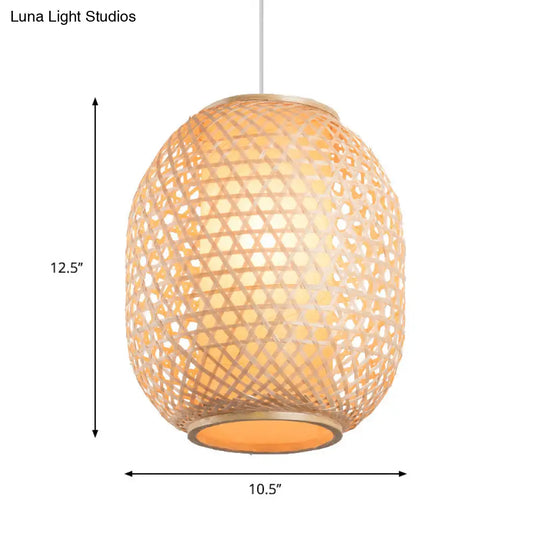 Bamboo Lantern Suspension Pendant: Retro Wood Hanging Light Kit With Fabric Shade