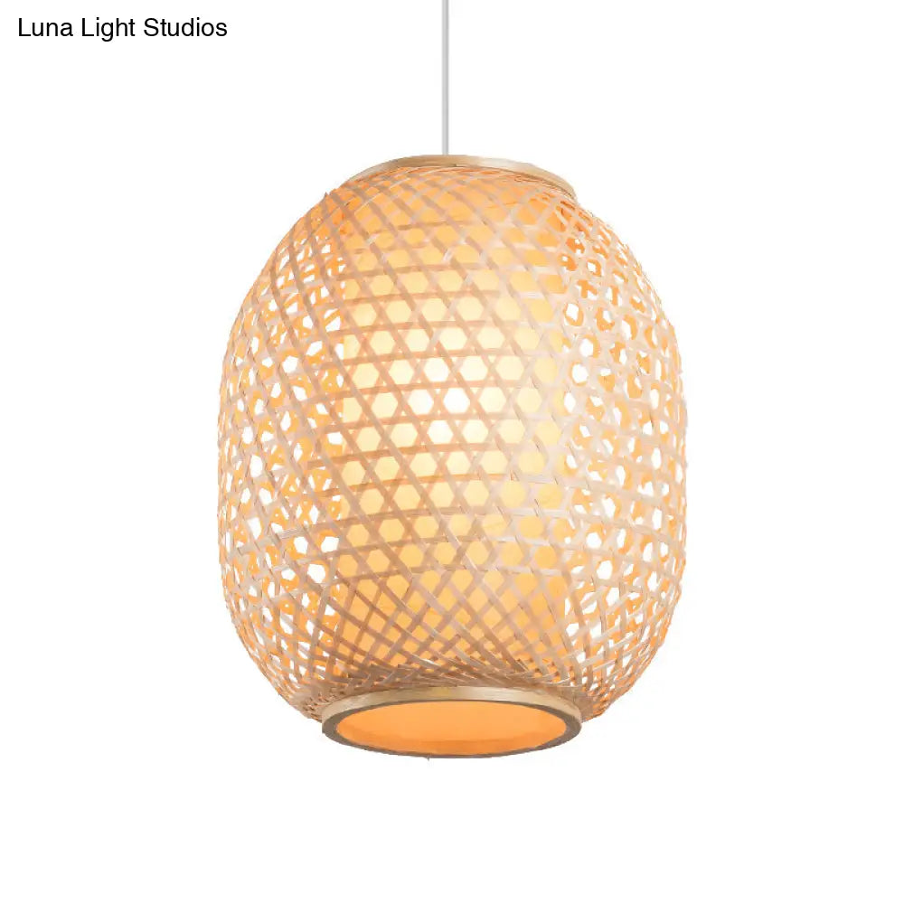 Bamboo Lantern Suspension Pendant: Retro Wood Hanging Light Kit With Fabric Shade
