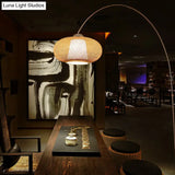 Bamboo Lantern Tea Room Floor Lamp With Minimalist Design And Wood Fishing Rod Arm