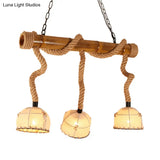 Bamboo Linear Island Pendant Light With Cage Shade - Lodge Style Beige