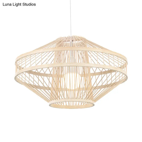 Bamboo Modernist Style Ceiling Fixture - Flying Saucer Design 16/19.5 Width 1-Bulb Wood Pendant Lamp
