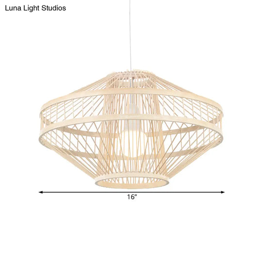 Bamboo Modernist Style Ceiling Fixture - Flying Saucer Design 16/19.5 Width 1-Bulb Wood Pendant Lamp