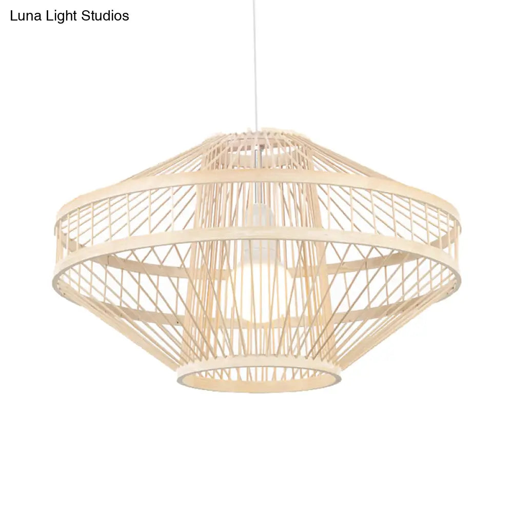 Bamboo Modernist Style Ceiling Fixture - Flying Saucer Design 16/19.5 Width 1-Bulb Wood Pendant Lamp