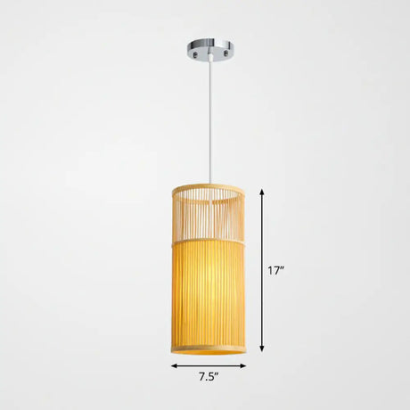 Bamboo Pendant Ceiling Light With Wood Cylindrical Pendulum - Asian Style Single Bulb Ideal For