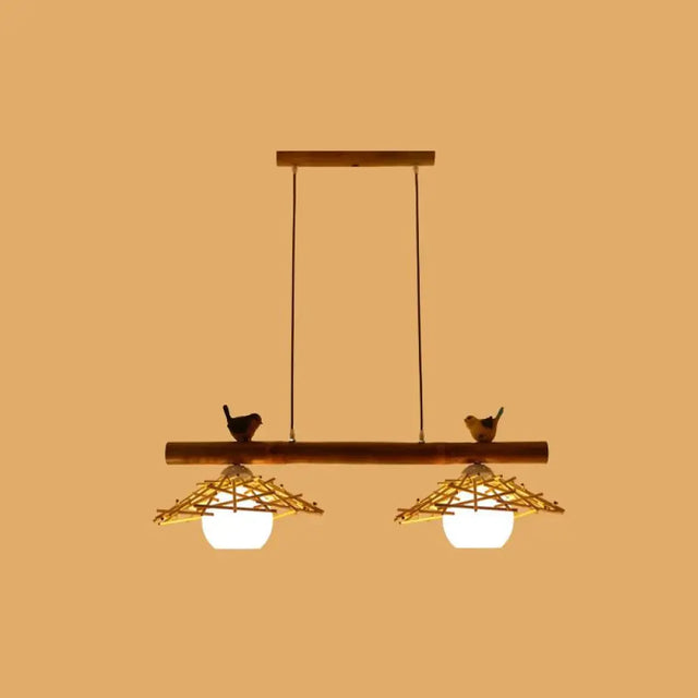 Bamboo Pendant Lighting: Conical Island Light With White Glass Shade 2 / Wood