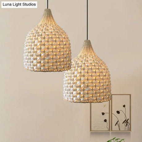 Bamboo Pendant Lighting - Modernist Basket Design 1 Bulb Hanging Light In Beige