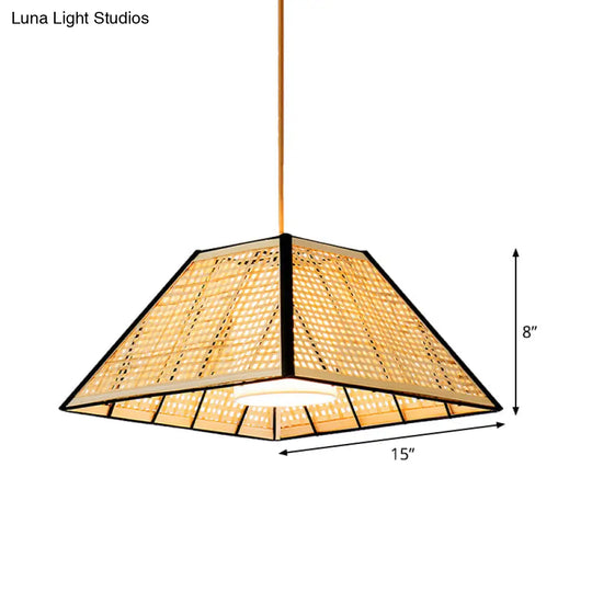 Bamboo Pyramid Pendant Lamp With Gridded Japanese Design For Restaurant Suspension Lighting