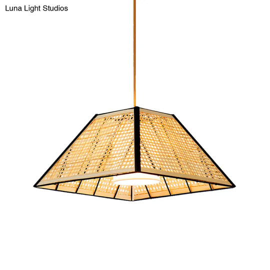 Bamboo Pyramid Pendant Lamp With Gridded Japanese Design For Restaurant Suspension Lighting
