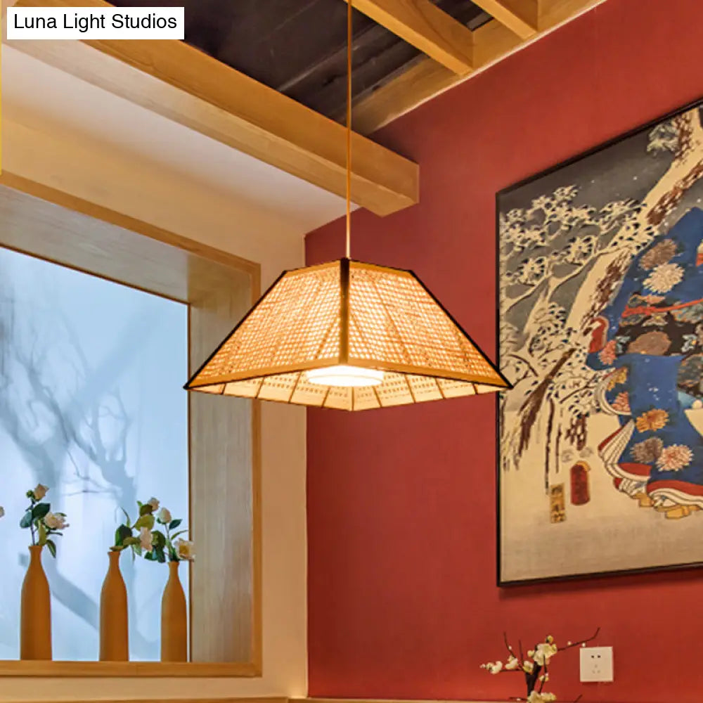 Bamboo Pyramid Pendant Lamp With Gridded Japanese Design For Restaurant Suspension Lighting