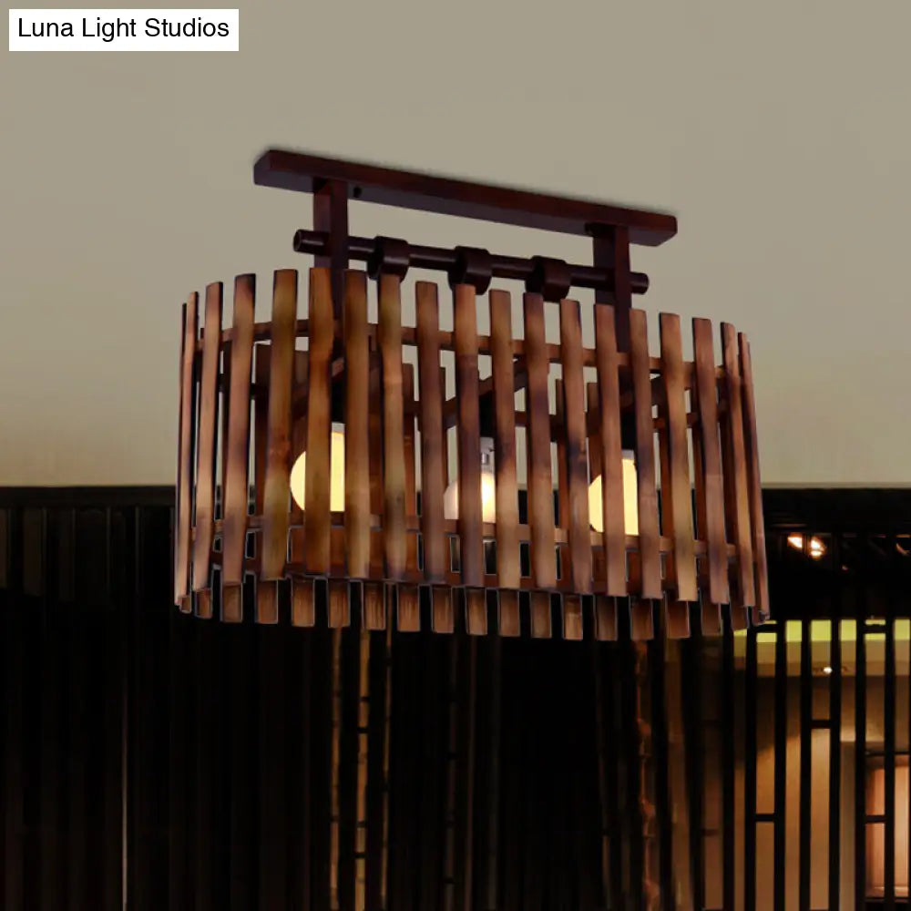 Bamboo Semi-Flush Mount Ceiling Lamp: Oval/Cylinder Cage Country Style Brown With Wood Canopy 3 /
