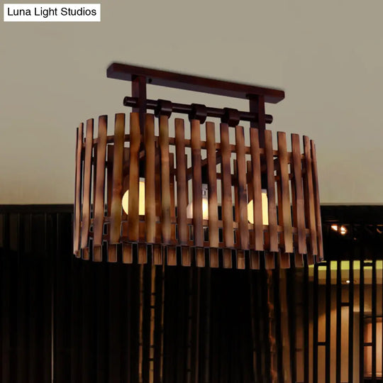 Bamboo Semi-Flush Mount Ceiling Lamp: Oval/Cylinder Cage Country Style Brown With Wood Canopy 3 /