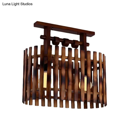 Bamboo Semi-Flush Mount Ceiling Lamp: Oval/Cylinder Cage Country Style Brown With Wood Canopy