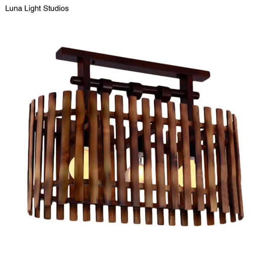 Bamboo Semi-Flush Mount Ceiling Lamp: Oval/Cylinder Cage Country Style Brown With Wood Canopy