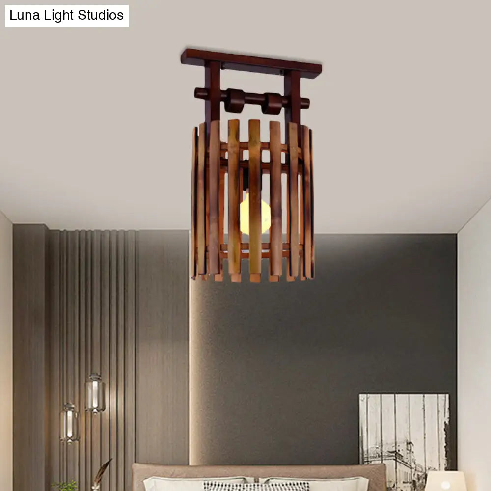 Bamboo Semi-Flush Mount Ceiling Lamp: Oval/Cylinder Cage Country Style Brown With Wood Canopy