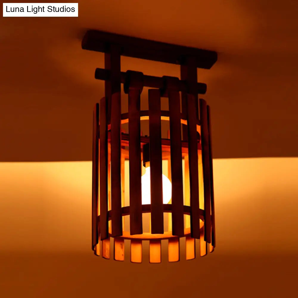 Bamboo Semi-Flush Mount Ceiling Lamp: Oval/Cylinder Cage Country Style Brown With Wood Canopy