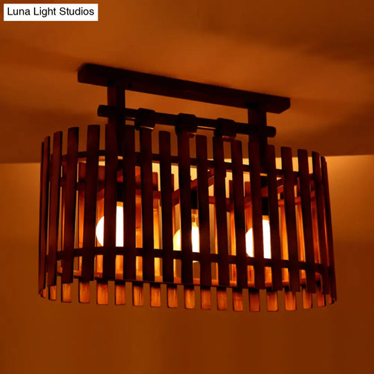 Bamboo Semi-Flush Mount Ceiling Lamp: Oval/Cylinder Cage Country Style Brown With Wood Canopy