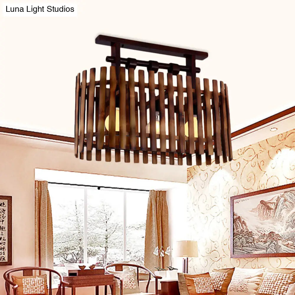 Bamboo Semi-Flush Mount Ceiling Lamp: Oval/Cylinder Cage Country Style Brown With Wood Canopy