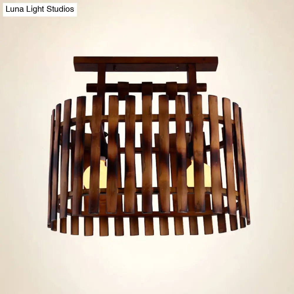 Bamboo Semi-Flush Mount Ceiling Lamp: Oval/Cylinder Cage Country Style Brown With Wood Canopy