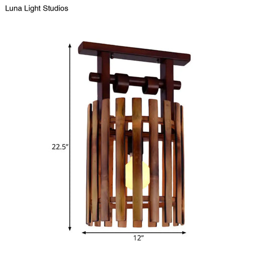 Bamboo Semi-Flush Mount Ceiling Lamp: Oval/Cylinder Cage Country Style Brown With Wood Canopy