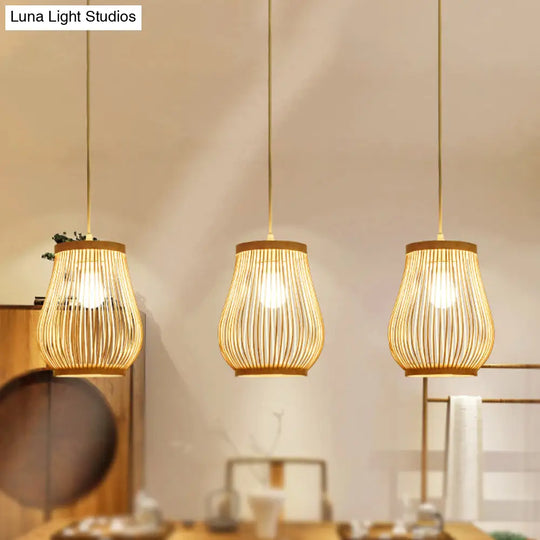 Bamboo Shade Pendant Ceiling Light - Asian Style Hanging Lamp Beige 7/8 Wide