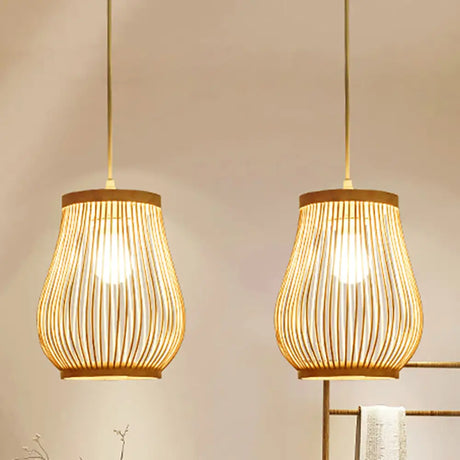 Bamboo Shade Pendant Ceiling Light - Asian Style Hanging Lamp Beige 7/8 Wide